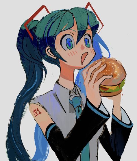 zoë🌤@more busy on Twitter: "mikuburger… " Burger Drawing, Eating Burger, Miku Chan, Miku Hatsune Vocaloid, Art Studies, Hatsune Miku, Drawing Inspiration, Vocaloid, New Art