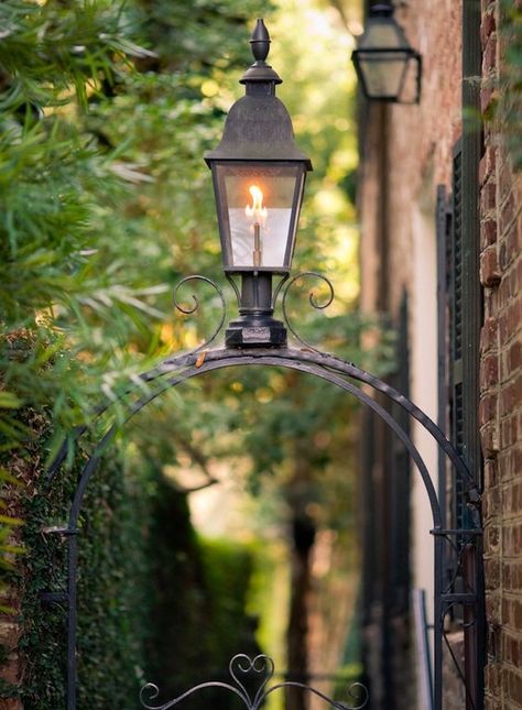 Gas Lanterns in the Lowcountry Charleston Historic District, Garden Gate Design, Gate Lights, Copper Lantern, Gas Lamp, Gas Lanterns, Gas Lights, Entry Gates, Eye Photography