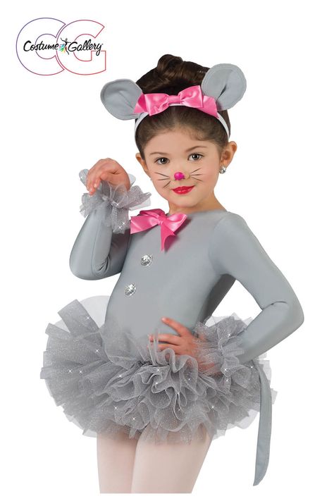 Grey spandex leotard with attached grey glitter tulle fifi tutu and tail. Bow, sequin disc, and ruffle trim. Headband included. #dance #dancerecital #costumegallery #dancecompetition #novelty #recitaltheme Nutcracker Ballet Costumes, Quiet As A Mouse, Rat Costume, Toddler Dress Up, Nutcracker Costumes, Toddler Ballet, Dance Tutus, Mouse Costume, Ballet Poses