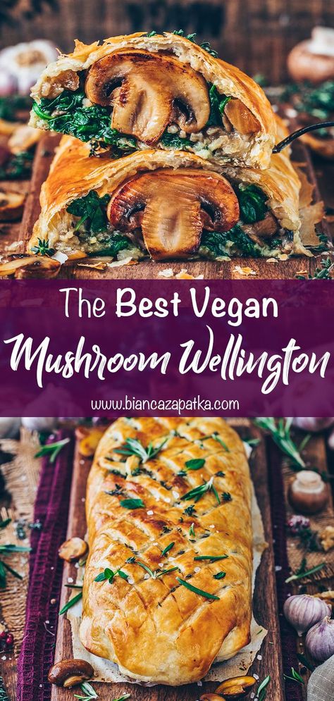 This vegan mushroom Wellington makes a great meatless Christmas roast recipe, and it will definitely get the non-vegans interested too! It’s very easy to make, hearty, flavorful and so delicious! #wellington #mushrooms #veganrecipes #vegetarian #recipes #food #vegan #vegandinner #thankgiving #foodrecipes #christmasdinner #dinner #veganroast #healthyfood | biancazapatka.com Easy Interesting Dinner Recipes, Vegetarian Mushroom Wellington Recipe, Vegan Holiday Recipes Thanksgiving, Recipes That Impress, Vegan Christmas Wellington, Vegan Mushroom Wellington Recipe, Vegan Roast Dinner Ideas, Roast Dinner Vegetarian, Vegan Roast Recipes