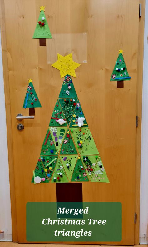 Small decorated triangles merged together to create one big Christmas tree to decorate our cloakroom 😍 Classroom Wall Christmas Tree, Christmas Tree Triangles, Christmas Tree Art For Toddlers, Small Decorated Christmas Trees, Triangle Christmas Tree Craft, Christmas Tree Door Classroom, Christmas Tree Classroom Door, Christmas Tree Classroom, Triangle Christmas Tree