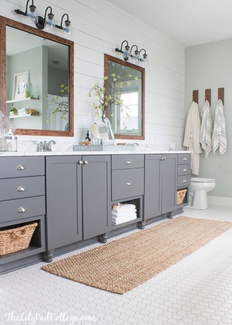 Lake House Master Bath Makeover - The Lilypad Cottage Lake House Master, Bathroom Vanity Remodel, Bath Makeover, Farmhouse Bathroom Vanity, Grey Mirror, Revere Pewter, Bad Inspiration, Room Tiles, Trendy Bathroom