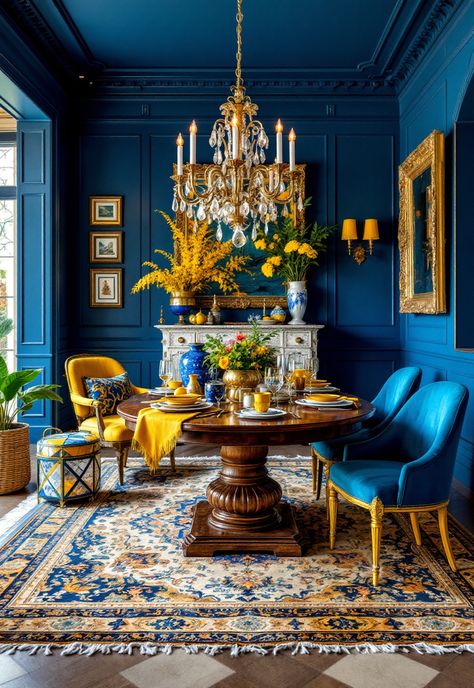 Blue and Yellow Boho Decor Yellow Office Design, Blue And Yellow Office, Yellow And Blue Living Room, Boho Decor Ideas, Yellow Dining Room, Yellow Office, Blue Office, Saffron Yellow, Boho Interiors