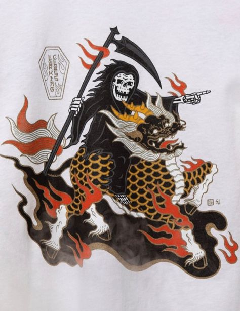 Reaper riding a qilin (Lurking class) Japanese Reaper Tattoo, Japanese Reaper, Qilin Art, General Tattoo, Japanese Reference, Traditional Japanese Tattoo Flash, Reaper Tattoo, Japanese Tattoos, Traditional Japanese Tattoos