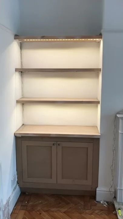 MDF 2x18mm shelving with LED lighting Living Room Cupboards, Alcove Shelving, Shelf Lighting, Led Lighting, Cupboard, Home Diy, Shelves, Led, Living Room