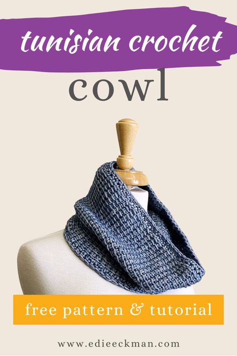 Get a free pattern and tutorial for this easy Tunisian crochet cowl. Tunisian Crochet Cowl, Tunisian Scarf, Tunisian Simple Stitch, Easy Tunisian Crochet, Crochet Snood, Crochet Cowl Free Pattern, Crochet Cowls, Crochet Tunisian, Crochet Spring