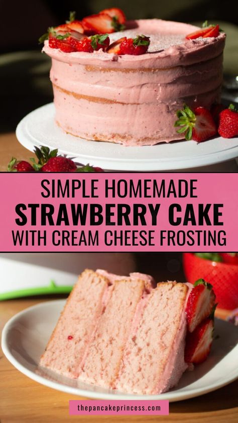 Make this simple and easy homemade strawberry cake with cream cheese frosting for a satisfying dessert idea or sweet treat! This cake recipe uses fresh freeze dried strawberries, flour, sugar, baking powder, eggs, and more, topped with fresh strawberries. If you've been searching for a delicious strawberry cake from scratch, this is the best strawberry cake recipes to make at home. Learn how to bake strawberry cake from scratch with multiple layers for stacking. Pink strawberry cake recipe easy. Homemade Pink Cake, Strawberry Cake Recipe From Scratch, Best Strawberry Cake Recipe, Strawberry Cake From Scratch, Easy Christmas Cake Recipe, Delicious Strawberry Cake, Homemade Strawberry Cake, Strawberry Cake Recipe, Strawberry Cake Easy