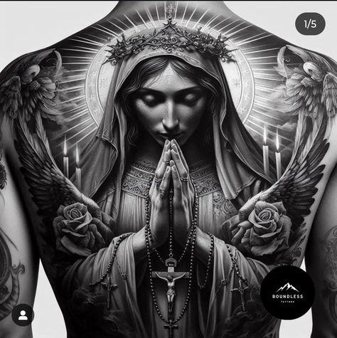 7 Archangels Tattoo, Mama Mary Tattoo Design Black And Grey, See No Evil Speak No Evil Tattoo Angels, Saint Tattoos For Men, Virgin Mary Back Tattoo, Lamb Of God Tattoo, Jesus Back Tattoo, Mens Back Tattoo Ideas, Full Back Tattoos For Men