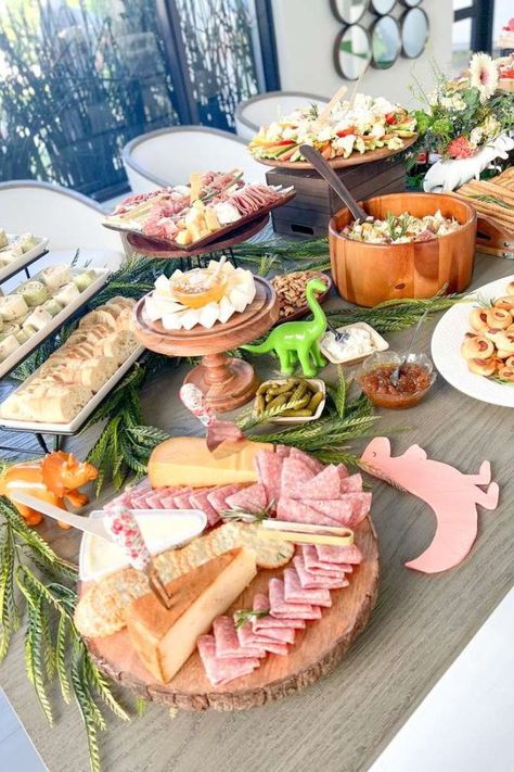 Take a look at this cute dinosaur party! The party food is wonderful! See more party ideas and share yours at CatchMyParty.com Brunch Dinosaur Party, Pink Dinosaur Themed Birthday Party, Girl Dinosaur Birthday Party Food, Girly Dinosaur Party Food, Dinosaur Charcuterie Board, Dinosaur Tea Party, Birthday Dinosaur Theme, Dino Party Food, Dinosaur Birthday Party Food