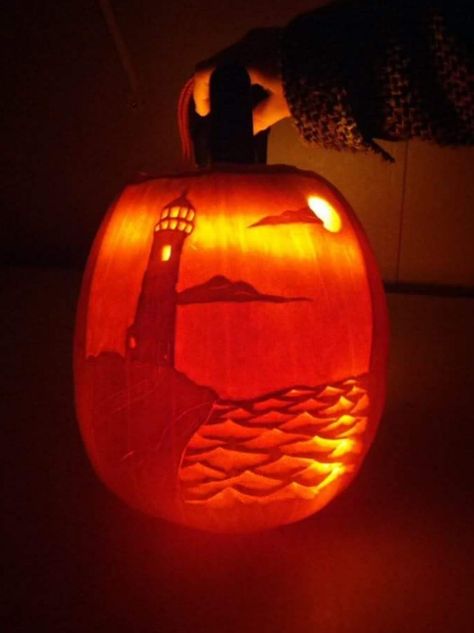 Underwater Pumpkin Carving Ideas, Ocean Themed Pumpkin Carving, Lighthouse Pumpkin Carving, Boat Pumpkin Carving, Jellyfish Pumpkin Carving, 3d Pumpkin Carving, Pumpkin Carving Halloween, Diy Pumpkin Carving, Pumpkin Inspiration