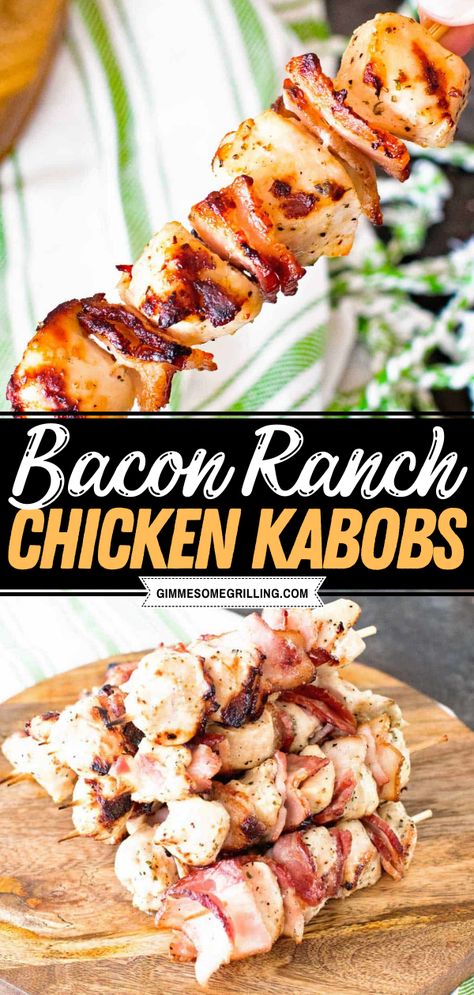 bacon ranch chicken kabobs, chicken kabobs on the grill, summer grilling recipes, camping food Chicken Bacon Kabobs, Ranch Chicken Kabobs, Easy Ranch Chicken, Nanas Recipes, Bacon Ranch Chicken, Grilled Kabob Recipes, Chicken Kabob Recipes, Grilling Kabobs, Grilled Dinner