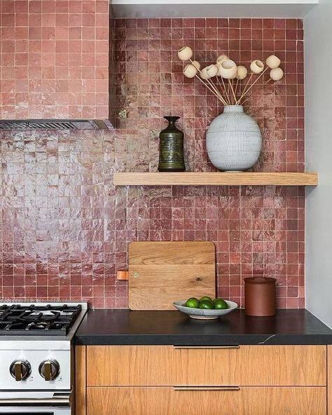 Mosaic House (@mosaichousenyc) • Instagram photos and videos Warm Kitchen, Red Tiles, Pink Tiles, Mosaic House, House Design Kitchen, House Tiles, Brick Design, Wooden Cabinets, Design Kitchen