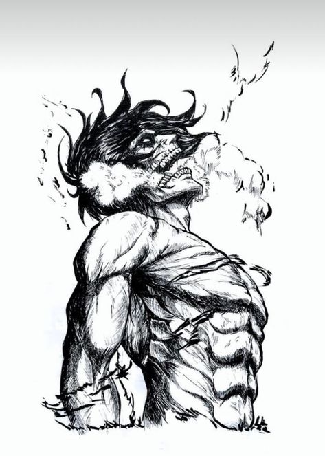 Erin Yeager Tattoo, Eren Yeager Tattoo Ideas, Eren Titan Form Drawing, Eren Tattoo Ideas, Eren Black And White, Attack On Titan Black And White, Attack Titan Drawing, Attack Titan Tattoo, Attack On Titan Tattoo Eren