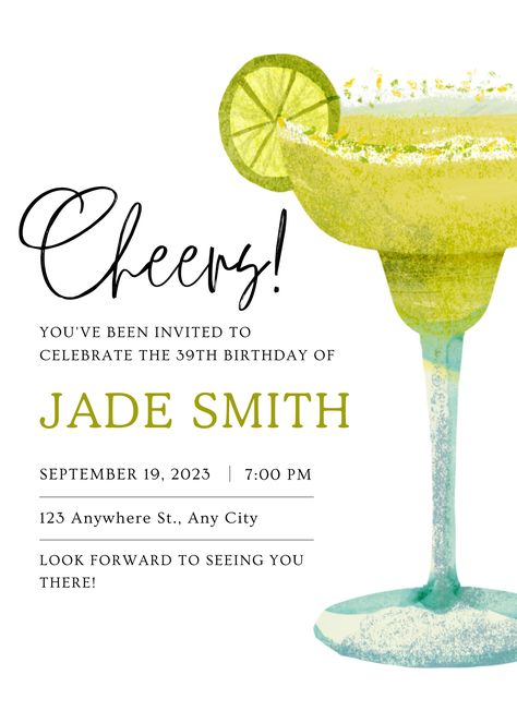 Happy Hour Invitation Work, Margarita Birthday Party, Cocktail Birthday Party Ideas, Margarita Party Invitations, Cocktail Party Theme, Party Invitation Card Design, Cocktails Invitation, Cocktail Party Invite, Digital Birthday Invitations