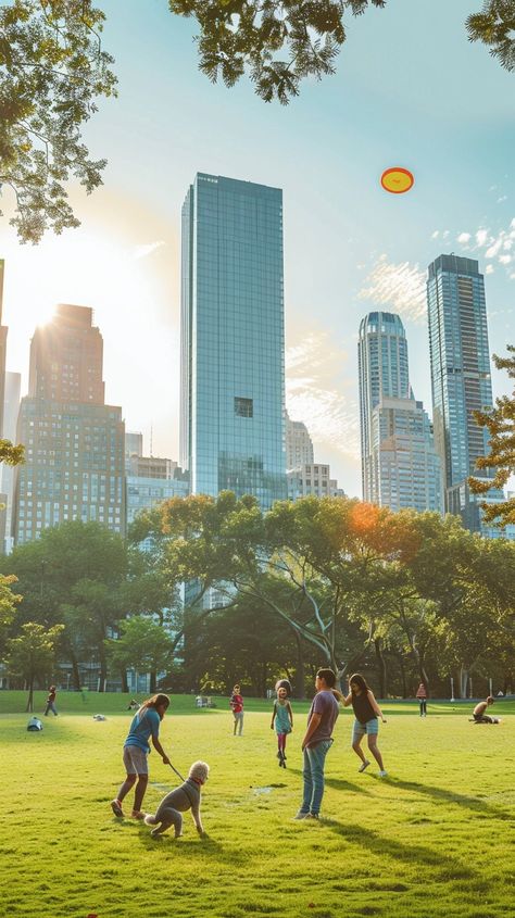 "Urban Park Fun: People enjoying a #sunnyday playing #frisbee in a vibrant #urbanpark with #cityscape in the background. #outdoorfun #aiart #aiphoto #stockcake ⬇️ Download and 📝 Prompt 👉 https://stockcake.com/i/urban-park-fun_1032048_320831" People In Park, Park Life, Fun Image, City People, Park Photography, Trampoline Park, Urban Park, City Park, Book Art Drawings