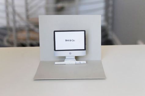 Easy attach computer to pop out fold  Pop Goes the DIY Pop-Up Name Card | Brit + Co. Arte Pop Up, Diy Pop Up Cards, Diy Pop, Paper Pop, Be Serious, Paper Items, Polaroid Camera, Audio Track, Elegant Business Cards