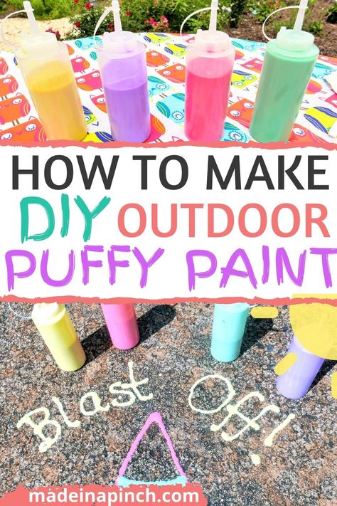 Outdoor Puffy Paint! How to make washable DIY puffy paint without shaving cream or glue. This is a great alternative to sidewalk chalk except it's bright and puffy. Putting it in bottles makes this puffy sidewalk paint such a fun activity to get the kids creative outside making fun art! #kids #diy #summerfun #chalkpaint Make Puffy Paint, Puffy Paint Crafts, Puffy Paint Recipe, Homemade Puffy Paint, Diy Puffy Paint, Shaving Cream Painting, Sidewalk Chalk Paint, Sidewalk Paint, Paint Recipe