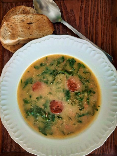 Caldo Verde (Portuguese Kale, Chorizo & Potato Soup) | the muddled pantry Kale And Potato Soup, Chorizo Potato, Chorizo Soup, Chorizo And Potato, Green Soup, Kale Soup, Soup Season, Potato Soup, Satisfying Food