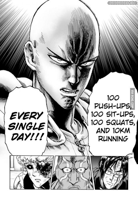 100 Push up, 100 sit ups, 100 squats, 10km run. EVERYDAY! One Punch Man Wallpapers, Manga Black And White, One Punch Man Workout, Punch Manga, 10km Run, Caped Baldy, Opm Manga, Anime One Punch Man, Saitama One Punch