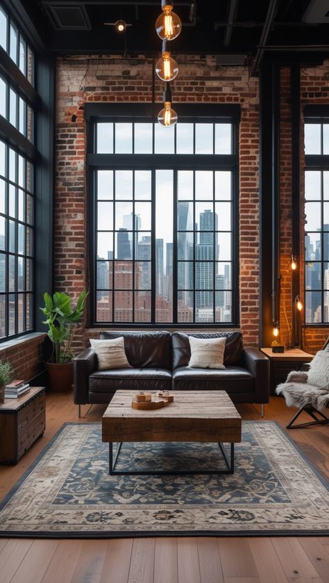 Searching for modern living room ideas with an urban loft vibe? This industrial-inspired living room features exposed brick walls, dark leather sofas, reclaimed wood furniture, and black steel windows. Discover how to combine rustic charm with modern elegance for a stylish city apartment.#UrbanLoftStyle #ModernLivingRoomIdeas #IndustrialDesign #CityLiving #CozyHomeDecor Black Steel Windows, Modern Living Room Ideas, Steel Windows, Exposed Brick Walls, Urban Loft, Leather Sofas, Reclaimed Wood Furniture, Brick Walls, City Apartment