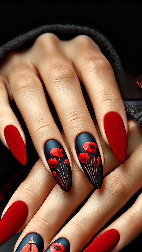 Hand Painting Nail Art, Red Poppy Nails, Poppies Nails, Red Nails With Flower Design, Poppy Nails Design, Red Flower Nail Art, Poppy Nail Art, Poppy Nails, Diy Valentine's Nails