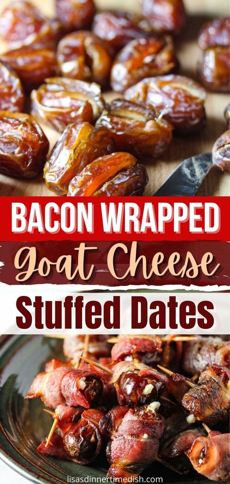 Easy Bite Size Appetizers, Goat Cheese Stuffed Dates, Goat Cheese Recipes Appetizers, Cheese Stuffed Dates, Bacon Wrapped Figs, Bite Size Appetizers Easy, Bacon Dates, Cheese Recipes Appetizers, Goat Cheese Appetizer