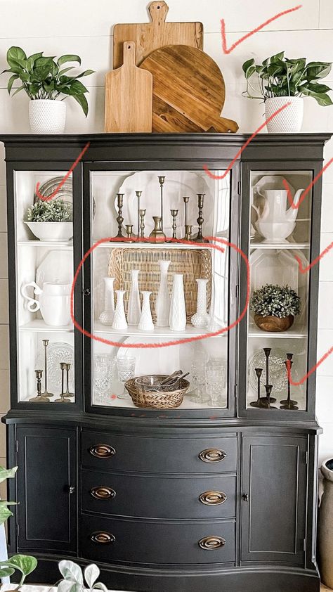 Dining Hutch Decor, Black China Cabinet, China Cabinet Decor, China Hutch Decor, Antique China Cabinets, Dining Hutch, Redo Cabinets, Bread Boards, Black China