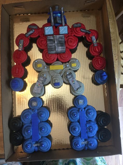 Transformers Birthday Cupcake Cake, Bumble Bee Cupcakes Transformers, Transformers Cupcake Cake, Transformer Cakes For Boys, Transformers Party Food, Transformer Cupcakes, 10th Birthday Cakes For Boys, Transformers Cupcakes, Transformers Birthday Cake