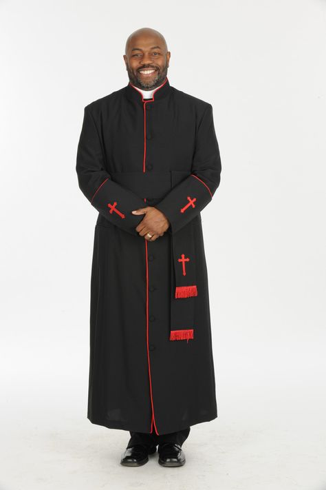 005. Men's Preacher Clergy Robe & Cincture Set in Black & Red - Divinity Clergy Wear Priestly Garments, Clergy Robes, Priest Outfit, Judas Iscariot, Nigerian Men Fashion, African Wear Styles For Men, Church Suits, Clothes Sewing Patterns, African Wear