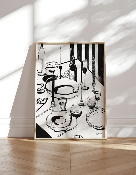 Black And White Kitchen Art, Dining Table Wall Art, Breakfast Print, Art In The Kitchen, Artwork For Kitchen, Minimalist Food, Modern Kitchen Art, Kitchen Gallery Wall, French Breakfast