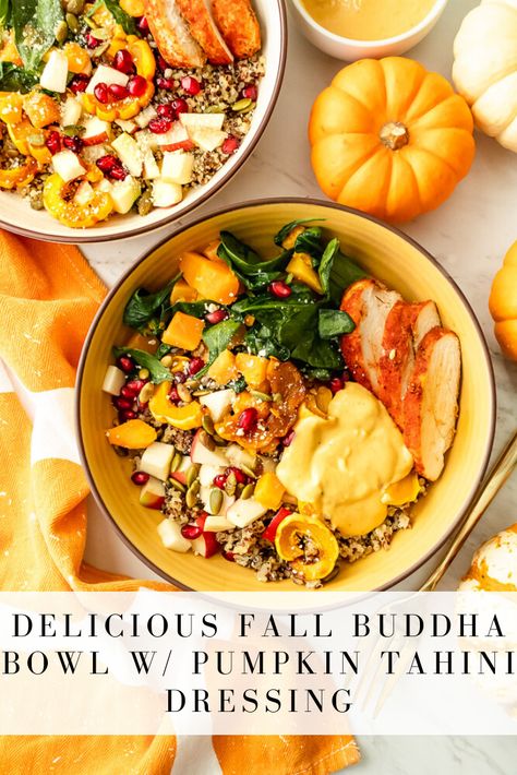 Fall Buddha Bowl with Pumpkin Tahini Dressing | Once Upon a Pumpkin Pumpkin Tahini, Buddha Bowl Sauce, Buddha Bowls Recipe, Pumpkin Hummus, Pumpkin Bowls, Veggie Bowl, Tahini Dressing, Buddha Bowl, How To Cook Quinoa