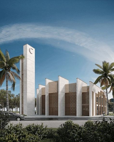 Masjid Exterior Design, Mosque Modern Design, Mosque Minaret Design, Modern Masjid Design, Islamic Mosque Architecture, Masjid Design Islamic Architecture, Islamic Buildings Architecture, Concrete Roof Detail, Mushola Design