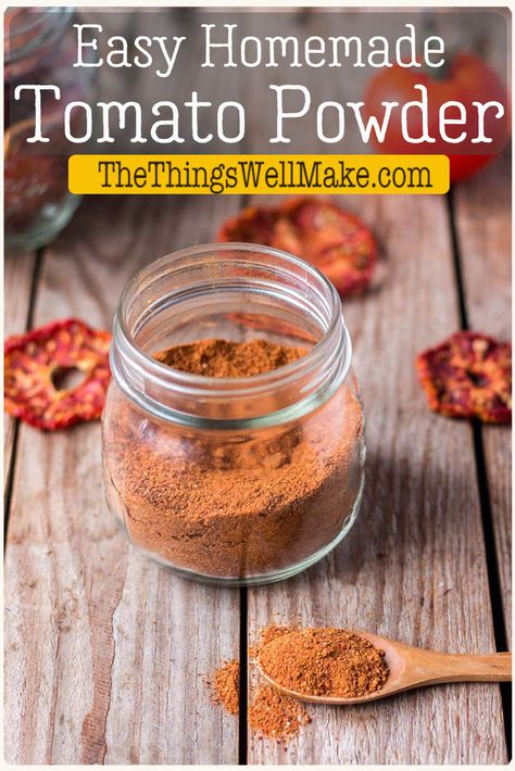 Packed with flavor, tomato powder is a delicious, versatile addition to many recipes. It's easy to make and is perfect for conserving tomatoes in a space-saving way. #thethingswellmake #tomatoes #tomatopowder #tomatorecipes #miy Fresh Ingredient Recipes, Make Sun Dried Tomatoes, Dehydrating Food Storage, Tomato Powder, Canning Peaches, Hearty Vegetable Soup, Fresh Tomato Recipes, Seasoning And Spice, Sundried Tomatoes