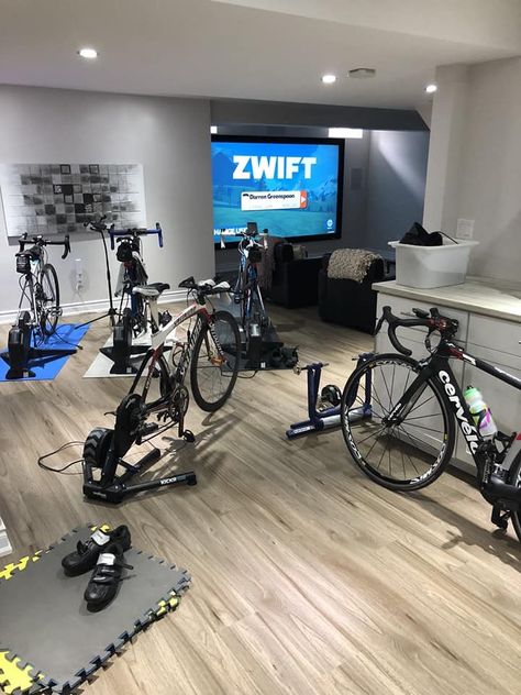 Cycling Room, Bike Cave, Zwift Cycling, Cycling Aesthetic, Triathlon Training Program, Bicycle Garage, Bicycle Room, Home Gym Basement, Home Office/gym