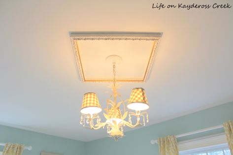 DIY Ceiling Medallion Using a Picture Frame Diy Ceiling Medallion, Ceiling Medallion Ideas, Ceiling Medallions Diy, Etched Glass Windows, Ornate Picture Frame, Ceiling Trim, Ornate Picture Frames, Diy Blinds, Diy Ceiling