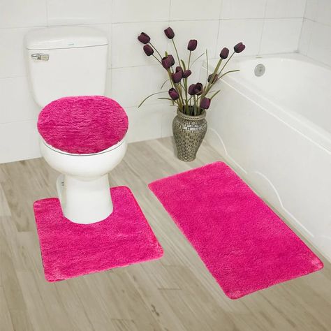 Red Barrel Studio Shaler Bath Rug Set & Reviews | Wayfair Hot Pink Bathrooms, Decorating Backyard, Hot Pink Bathroom, Pink Bathroom Rugs, Purple Bathroom, Chic Bedrooms, Large Bath Mat, Black Bathroom Decor, Pink Bathroom Decor