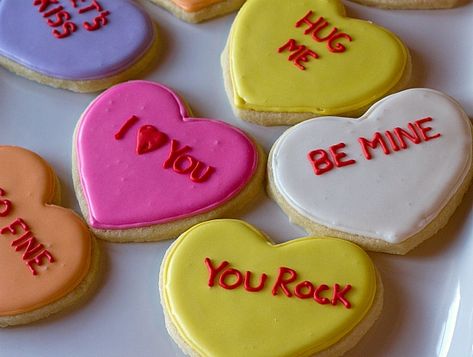 Conversation Heart Sugar Cookies | Brown Eyed Baker Brown Eyed Baker, Heart Sugar Cookie, Conversation Hearts Candy, Shaped Cookies, Valentines Day Cookies, Valentines Day Treats, Heart Cookies, My Funny Valentine, Valentine Cookies