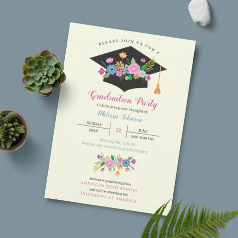 $3.08 - Floral Cap Graduation Party Invitation - graduation, fiesta, party, flowers, floral, hispanic, mexican, modern, elegant, colorful Fiesta Graduation Party Ideas, Seniority Party, Graduation Ideas High School, Colorful Graduation Party, Senior Sunset, Pink Graduation Party, Grad Party Theme, Grad Party Inspo, Floral Graduation Party