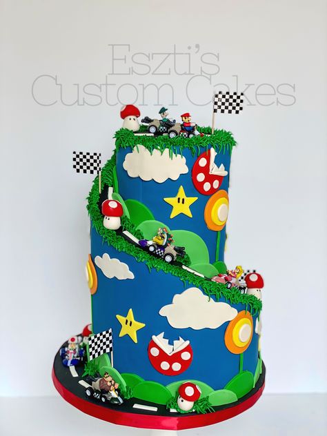 Super Mario Bros Cake Ideas, Super Mario Kart Cake, Mario Theme Cake, Mario Kart Birthday Cake, Mario Kart Cake, Mario Birthday Cake, Mario Bros Cake, Mario Theme, Super Mario Cake