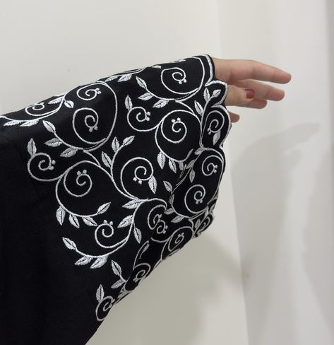 DM for order and details! . . . . . #abaya #modestwear #embroidered #embroiderydesign #blackandwhite Black Embroidery Designs, Sleeve Embroidery Designs, Abaya Sleeves, Modern Embroidery Designs, Abaya Styles, Embroidery Styles, Abaya Designs Latest, Modern Abaya, Fabric Paint Diy