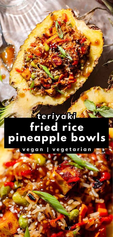 These Teriyaki Fried Rice Pineapple Bowls are flavorful and slightly sweet with a thick, sticky homemade teriyaki glaze on top. Perfect for those warm spring and summer nights and packed with tropical flavor, this 30-minute teriyaki rice recipe is served in a fresh pineapple boat for a unique twist! Top these pineapple bowls with marinated baked tofu for a complete vegan friendly dinner. Vegan Teriyaki Bowl, Vegan Hawaiian Recipes, Vegetarian Hawaiian Food, Stuffed Pineapple Bowls, Vegan Hawaiian Food, Rice Bowls Vegetarian, Pineapple Rice Bowl, Pineapple Bowl Recipe, Hawaiian Fried Rice