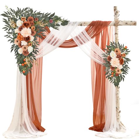 PRICES MAY VARY. PAKEAGE LIST: 1 x Large Corner Flower Swag of 32 "W x 40 "H + 1 x Large Tie-Back Flower of 14 "W x 32 "H + 2 x Hanging Sheer Drapes of 315 x 28 inch + 6 x White Zip Straps of 17.7 inch + 1 x Instruction Card + 1 x Glue Stick (Not include wood arch stand) COST-EFFECTIVE: WEDFLOR Wedding Flowers are the best alternative to expensive flowers. They cost 30% or less of the cost of fresh flowers, saving you hours of production time and requiring less effort to care for. They will alwa Decoration Terracotta, Fall Wedding Arches, Flower Swag, Expensive Flowers, Color Terracota, Reception Backdrop, Terracotta Wedding, Draping Fabric, Wedding Arch Flowers