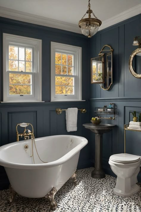 interior design home, home decor, interior design, wall paint, paint color matching Dark Gray Wainscoting Bathroom, Dark Teal Bathroom Walls, Bathroom Ideas Dark Blue, Dark Painted Bathrooms, Dark Blue Bathroom Walls, Bathroom With Dark Walls, Sw Inkwell, Bathroom Wall Color Ideas, Washrooms Ideas