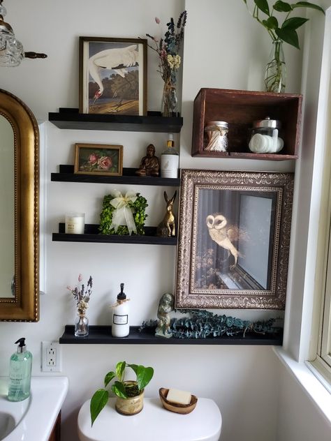 Oddities Bathroom, Woodsy Bathroom Decor, Apothecary Bathroom Ideas, Goblin Core Bathroom, Fairy Themed Bathroom, Herbology Bathroom, Woodland Bathroom Ideas, Apothecary Bathroom Decor, Whimsigothic Bathroom