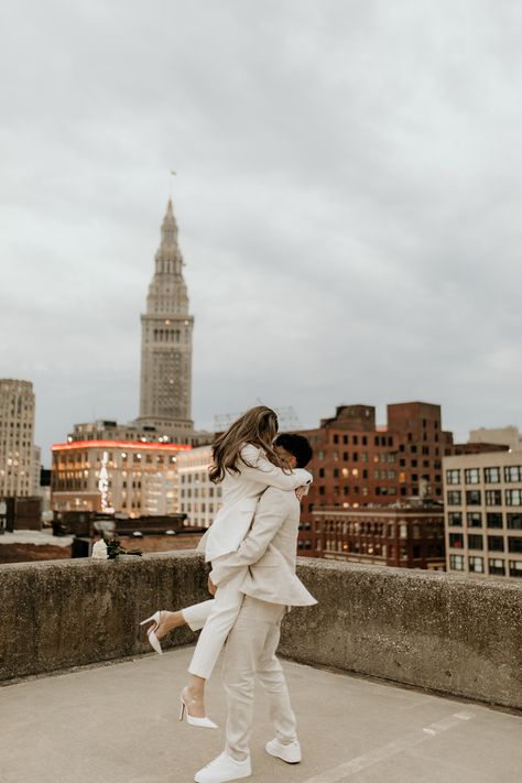 White Pant Suit Engagement Photos, Blazer Engagement Photos, Stylish Engagement Photos, Pant Suit Engagement Photos, White Blazer Dress Engagement Photos, White Blazer Engagement Outfit, White Jumpsuit Engagement Photos, White Suit Engagement Photos, Downtown Engagement Photos Outfits