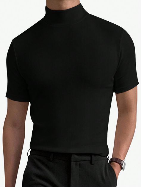 Men Solid Mock Neck TeeI discovered amazing products on SHEIN.com, come check them out! Mock Neck Top Outfit Men, Mock Neck Outfit, Mock Neck Top Outfit, Mock Neck Tshirt, Black Mock Neck Top, Black Tshirt Men, Black Mock Neck, Male Poses, Black Turtleneck