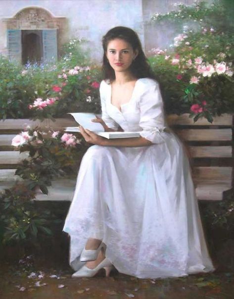 Beautiful Paintings by An He | Cuded Romanov Sisters, Woman In White, Romantic Paintings, Lds Art, Human Touch, Painted Ladies, Reading Art, Woman Reading, Girl Reading