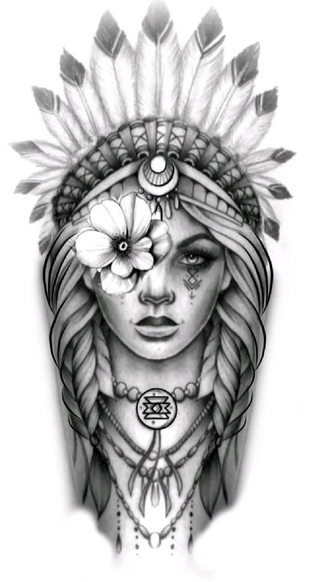 American Traditional Native Woman Tattoo, Indian Woman Tattoo Design, Native Woman Tattoo, Native American Indians Tattoo, Native American Tattoo Drawings, Indian Woman Tattoo, Native American Woman Tattoo, Indian Style Tattoos, Tattoo Indien