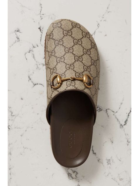 GUCCI Sol embellished leather-trimmed canvas-jacquard slippers | NET-A-PORTER Gucci Slippers, Jacquard Pattern, Brown Canvas, Dark Brown Leather, Gucci Shoes, Shoe Game, Leather Slip Ons, Net A Porter, Loafer Shoes