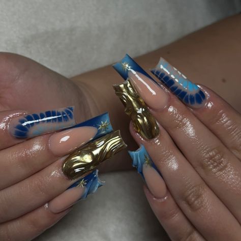 I have so many sets I need to post, like over 100😭😭 BUTTT look at these nails I slayeddd #explorepage #explore #fortcollinsnailtech #denvernailtech #acrylics #gold #chrome #nailinspo #trendingnails #nailsnailsnails #naillife #summerdesigns #blue #acrylicsnails #long #3dmax #3d #square Chrome Blue Acrylic Nails, Blue And Gold Acrylic Nails, Blue Gold Marble Nails, Matalic Nails Acrylic Blue, Royal Blue Press On Nails, Blue And Gold Press On Nails, Fort Collins, Gold Nails, Square Nails